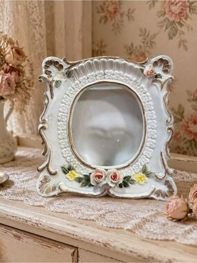Vintage ARDCO Porcelain Picture Frame Roses Gold Trim Shabby Chic Cottagecore
